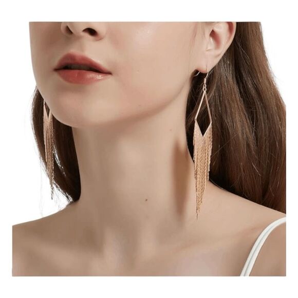 Dangling Gold Tone Metal Chain Tassel Dangle Earrings Statement Bohemian - Picture 3 of 4